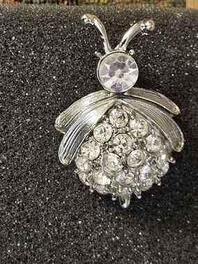 Vintage Silver Crystal Lady Bug Brooch - Clear Rhinestones